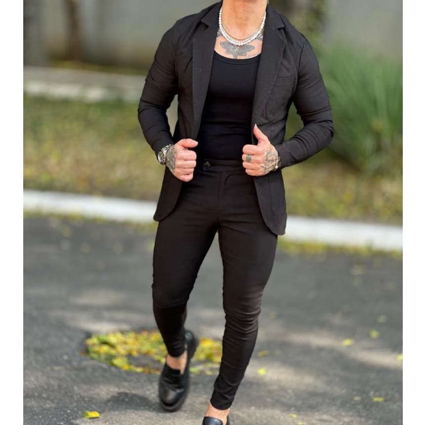 Conjunto Blazer e Calça Alfaiataria Masculino Elastano Slim 2 Peças Bengaline Esporte Fino Casamento Escritório