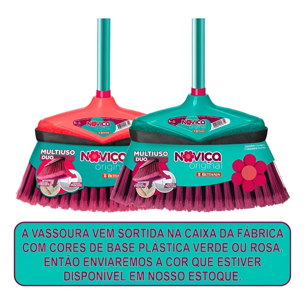 Vassouras Noviça Bettanin com Cabo | Conjunto Rosa/Verde - Kit com 2 peças para limpeza rápida, alcance confortável