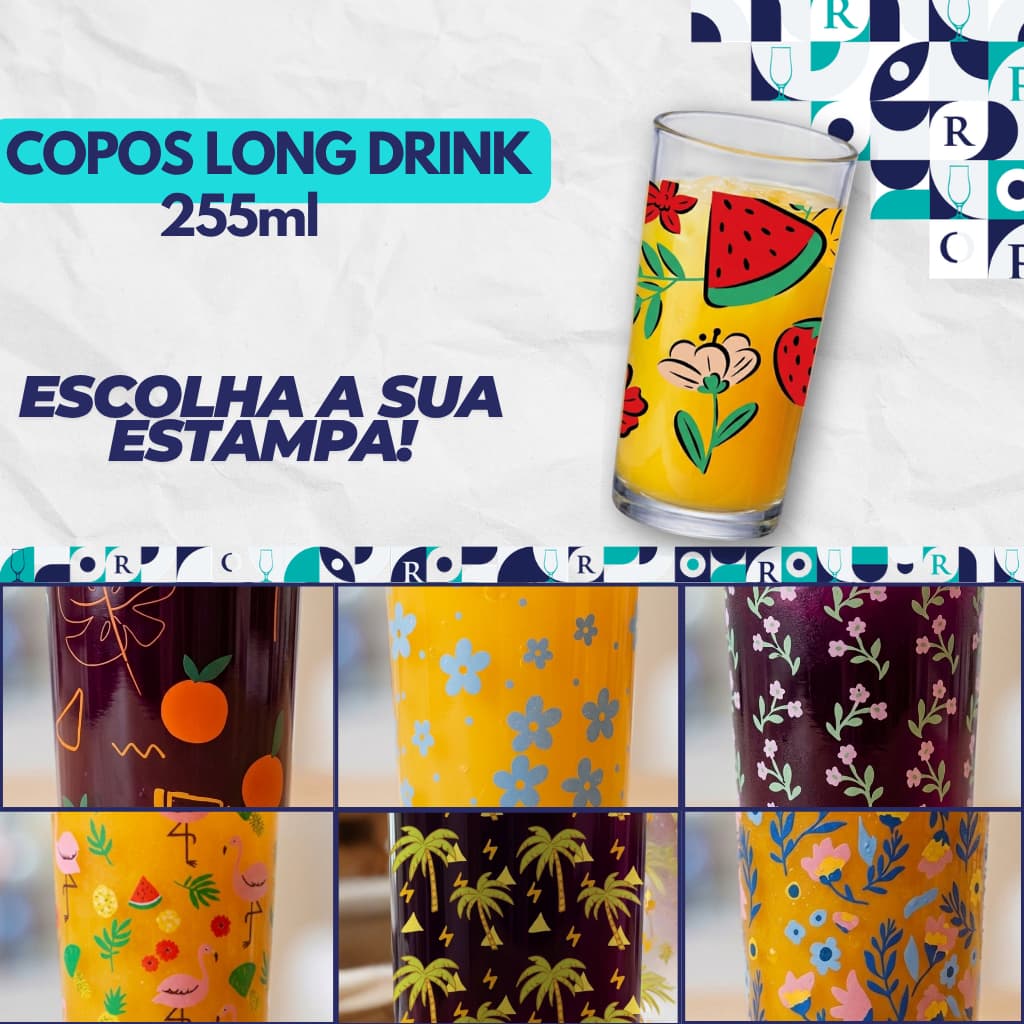 Jogo 6 Copos Long Drink Ruvolo Red Fruits 255Ml Vidro Multiuso Varias Estampas Água Suco e Drinks