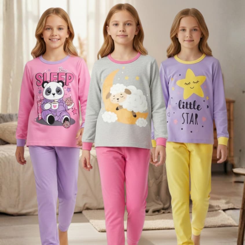 Kit Pijama 100% Algodão Infantil Menina | Roupa Dormi Juvenil Inverno | Pijama Infantil 1 ao 14 anos