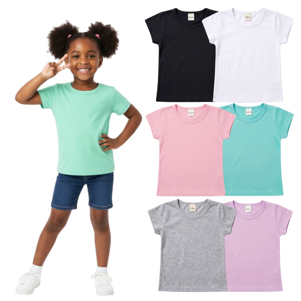 Kit 5 Blusas Manga Curta Infantil Menina Básica Lisa Camiseta Basicas