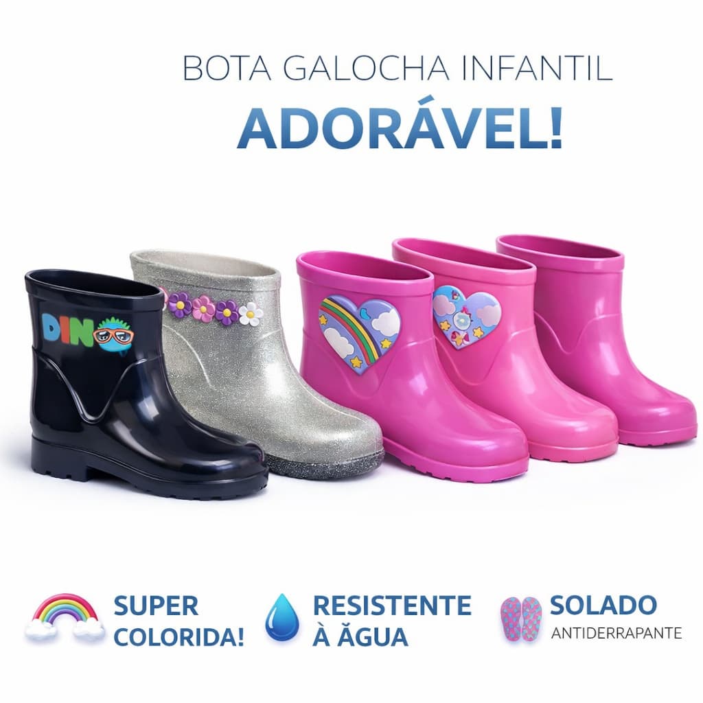 BOTA GALOCHA INFANTIL  IMPERMEÁVEL CONFORTÁVEL ANTIDERRANTE LEVE MACIA