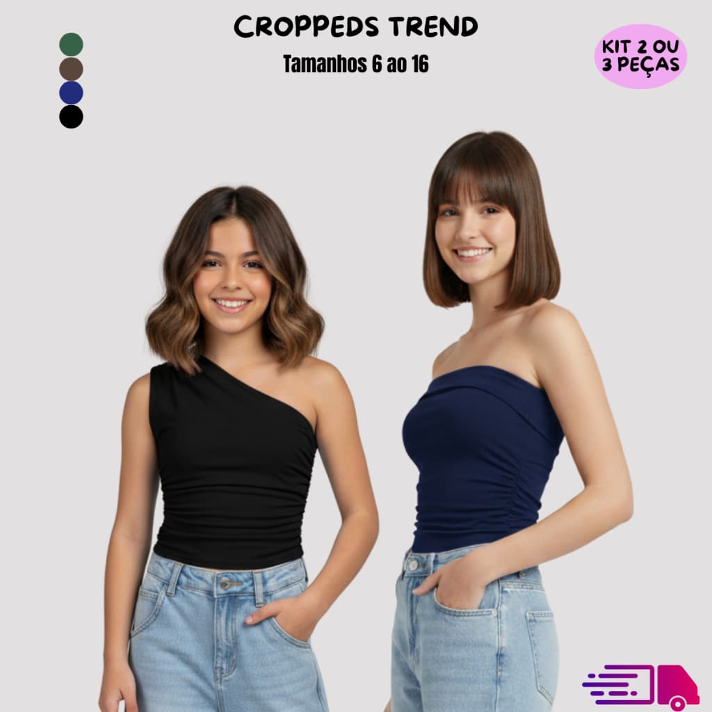 Kit Cropped Juvenil Feminino 2 ou 3 Peças Franzido Tomara que Caia Ombro Só Regata Moda Verão Adolescente