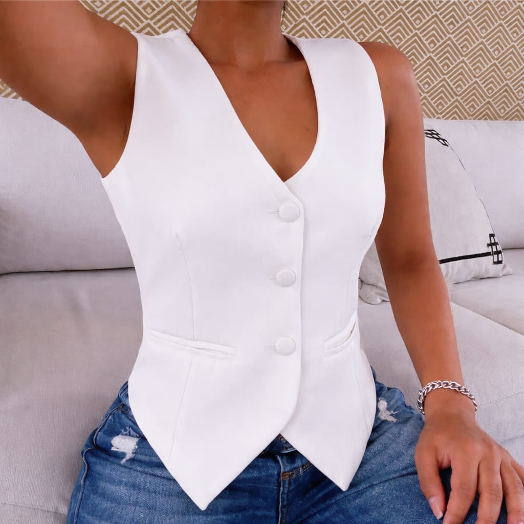 Colete Alfaiataria Luxo Feminino Social Botões Forrados Premium Bolso Fake - Acinturado