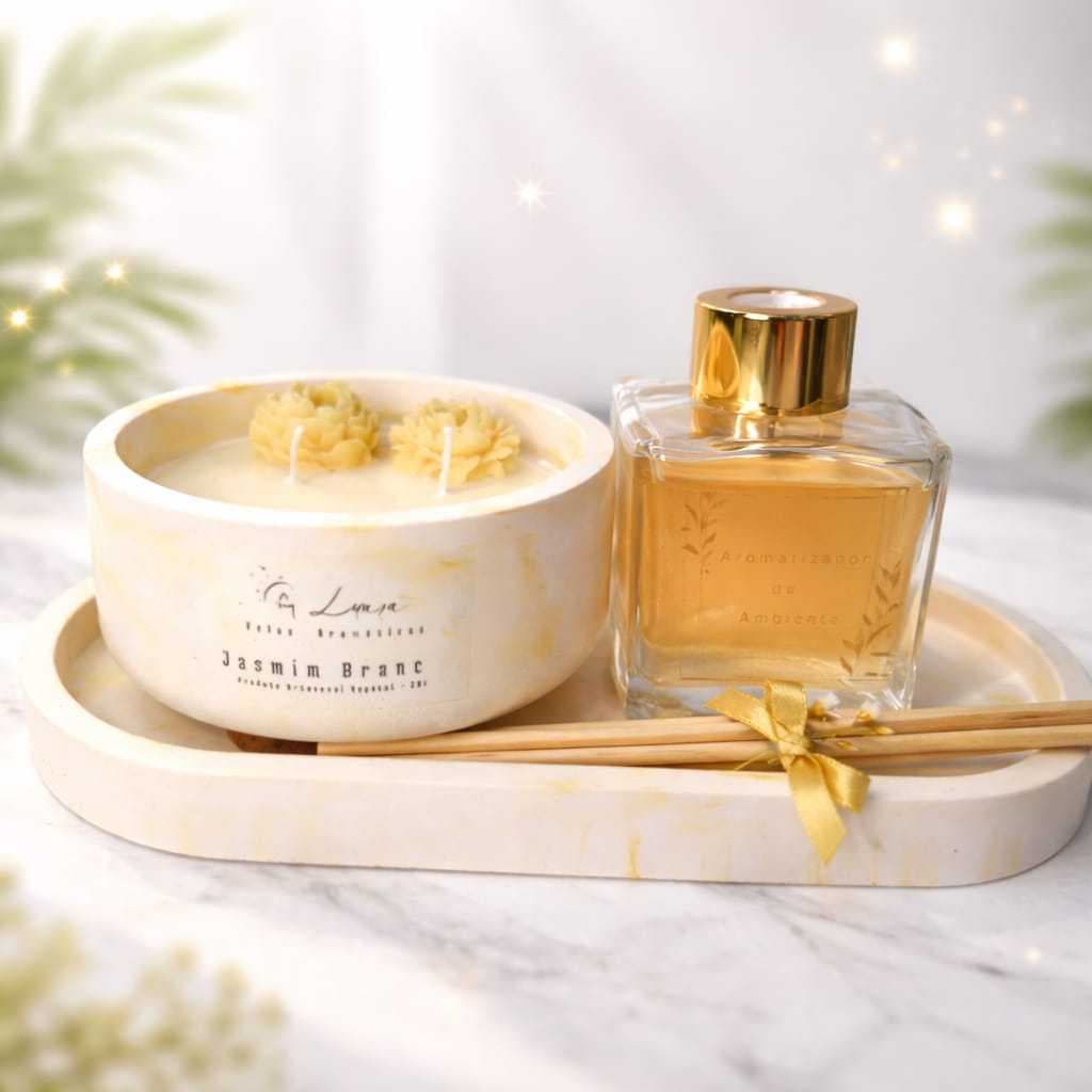 Kit Decorativo Aromático- Vela Aromática 200g + Difusor de ambiente + Bandeja Decorativa marmolada