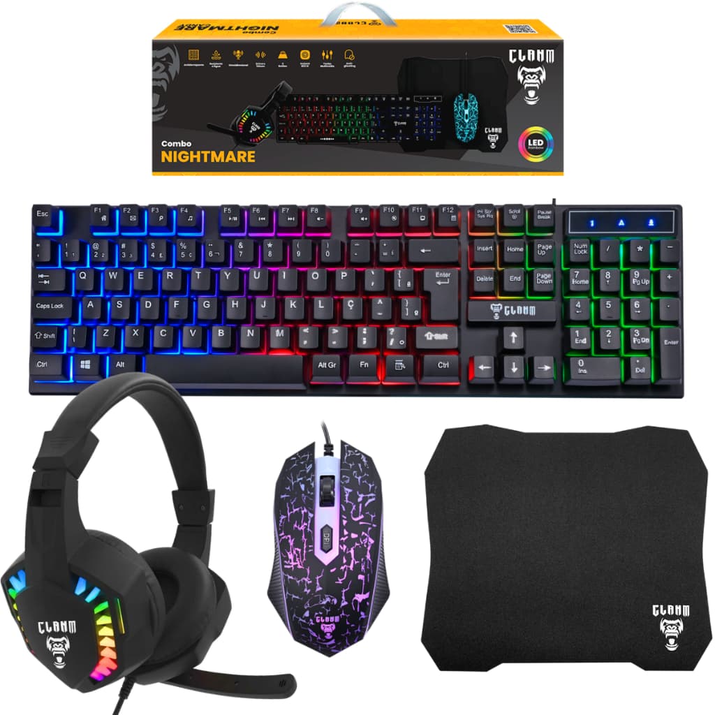 Kit Combo Gamer Teclado Mouse Fone Headset Mousepad Preto Luz Led RGB - Clanm Nightmare