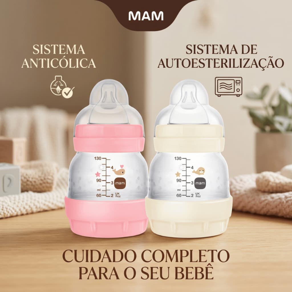 Mamadeira MAM Easy Start 130ml Original Anticólica Bico Silicone Macio Recém-Nascido 0 a 36 Meses