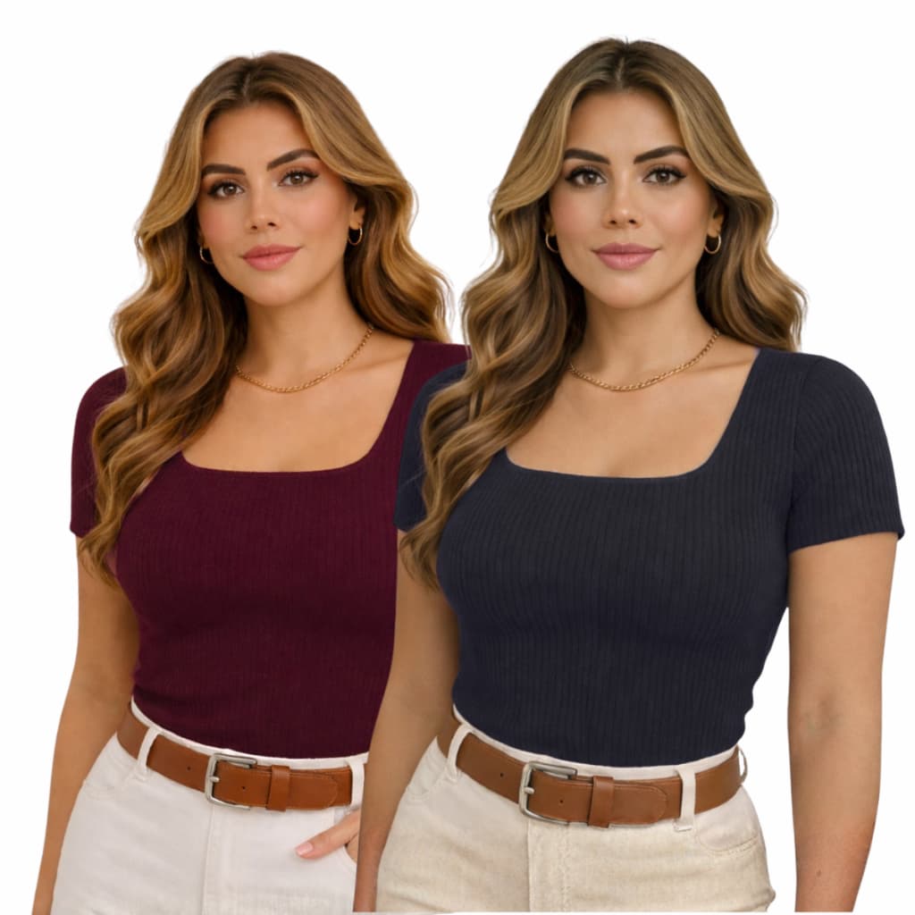 Kit 2 Blusas Canelada Blusinha Feminina Decote Quadrado Manga Curta Trabalho Básica Gola U Faculdade