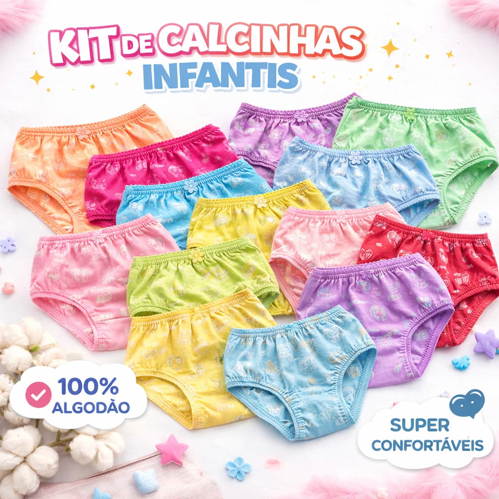 Kit 10 Calcinha Infantil 100% Algodão forro Antialérgica Respirável ou 6 calcinhas Menina P M G GG