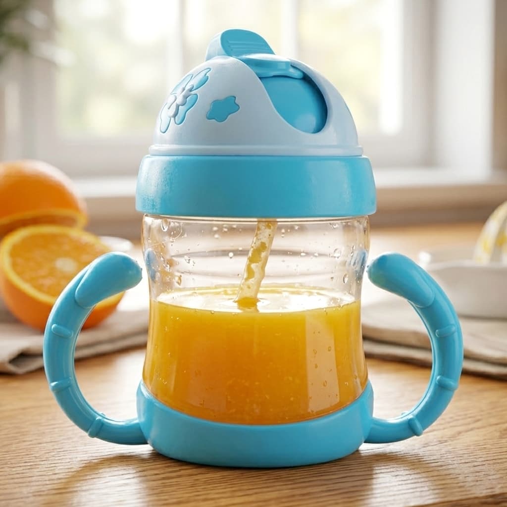 Copo Infantil Com Canudo Antivazamento 200ml Squeeze com Alça Transição Introdução Alimentar Bebê