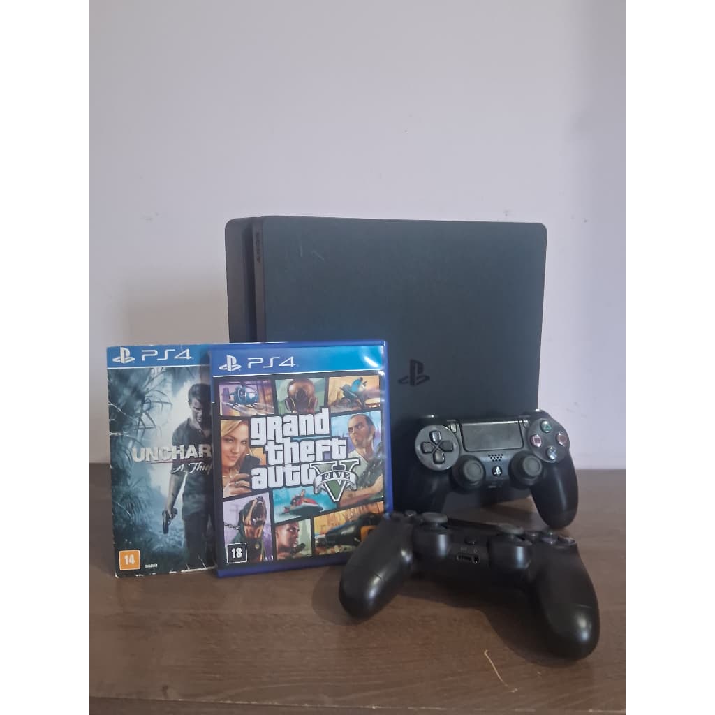 Playstation 4 Slim 1TB Seminovo + 2 Controles + 2 Jogos PS4 GTA 5 Uncharted
