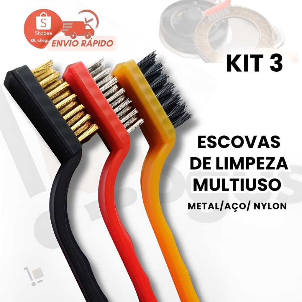Conjunto 3 Escovas Cabo Longo Multifuncional 17cm Multiuso Tira Ferrugem Limpa Rejunte