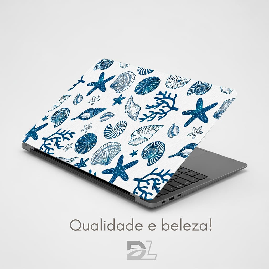 Skin Adesivo Para Notebook Aesthetic Azul Branco Mar Tartaruga Proteção Beleza e Estilo em VInil 4K