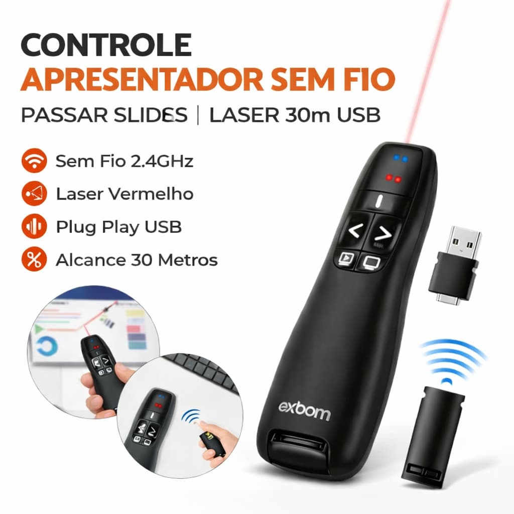 Controle Apresentador Caneta de Slides Sem Fio Wireless c Laser Passador PowerPoint Projetor 30m USB