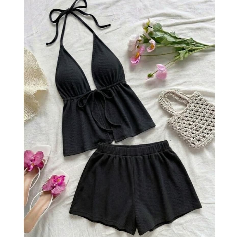 Conjunto Lisa Blusinha Top Amarração + Short Soltinho Ribana Canelado Tendência Verão Versátil