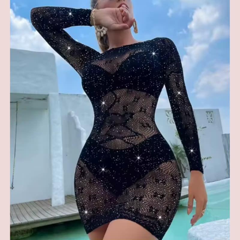 Vestido Arrastão Sexy com Strass manga longa Lingerie   Veste do 36 ao 42 com Exótica Stripper Modelos Pinkbaby 2508