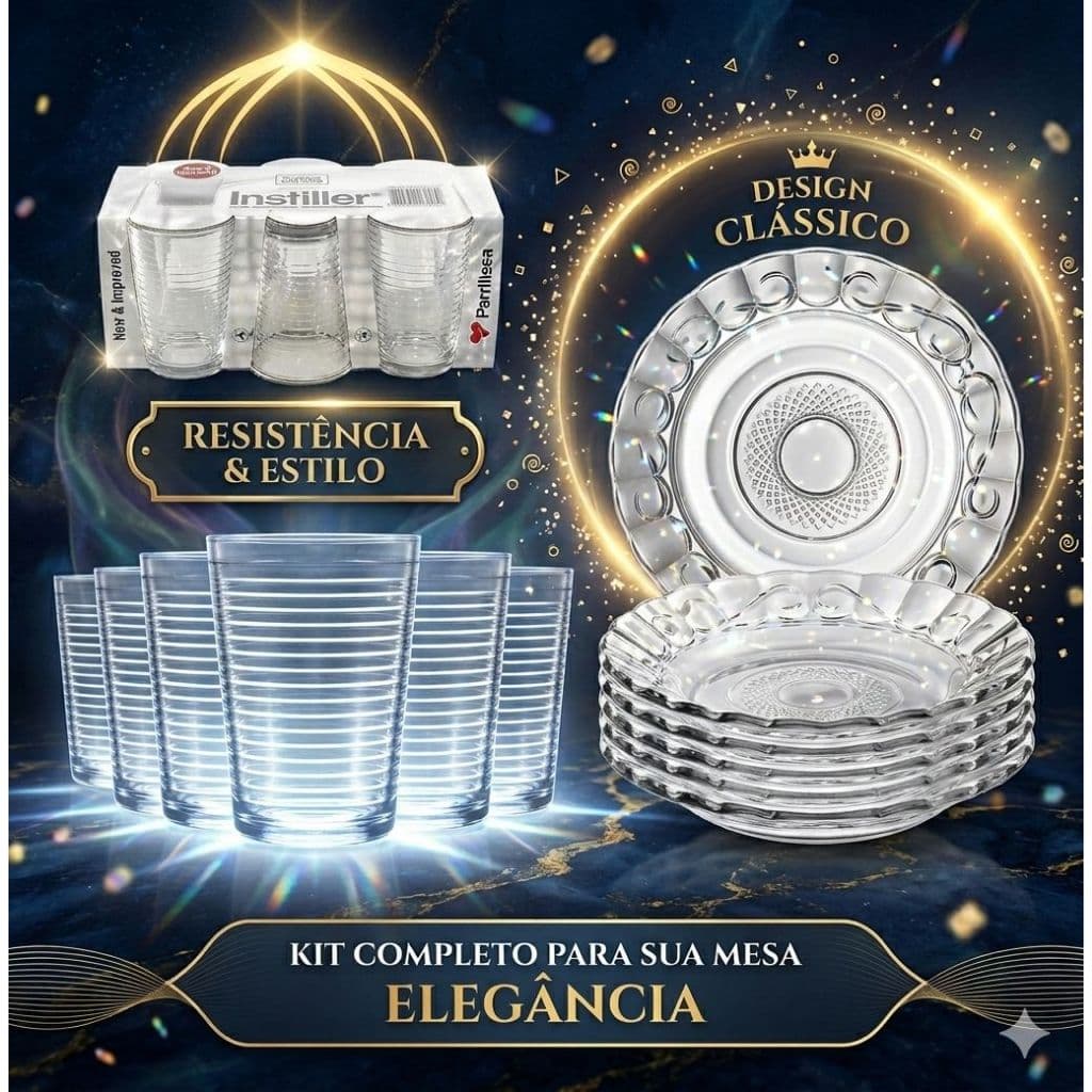 Jogo Jantar 12 Peças Com 6 Pratos Fundo desenhado + 6 Copos Vidro