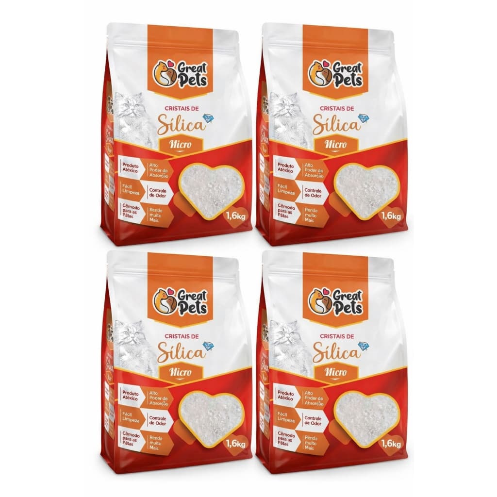 Kit 4 Areia Higiênica Sílica Fina Great Pets 1,6kg Para Gatos Alta Absorção Controle de Odores Rende Mais