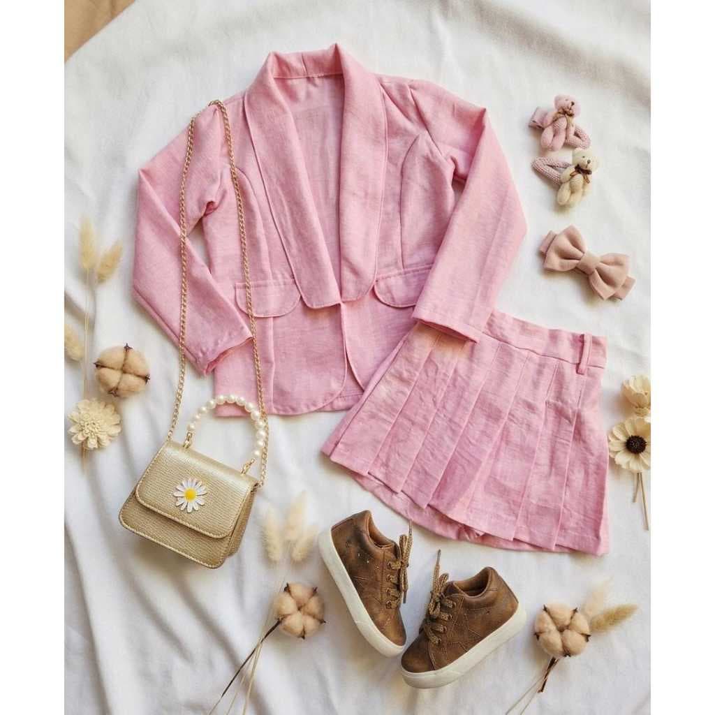 CONJUNTO DUNA LINHO SHORT SAIA PLISSADO PREGAS  COLEGIAL BLAZER DE LINHO FINO  INFANTIL ESTILOSO BLOGUEIRINHA