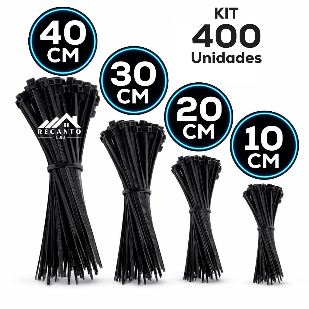 Kit 400 Abraçadeira de Nylon Enforca Gato Braçadeira Cintas Plásticas 10cm - 20cm - 30cm - 40cm - Preta | Branca