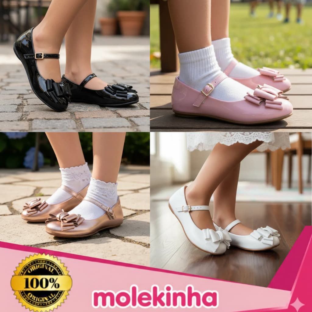 Sapatilha Molekinha Infantil Meninas Laço Charme Delicada Boneca Verniz Confortável Festa Leve Original