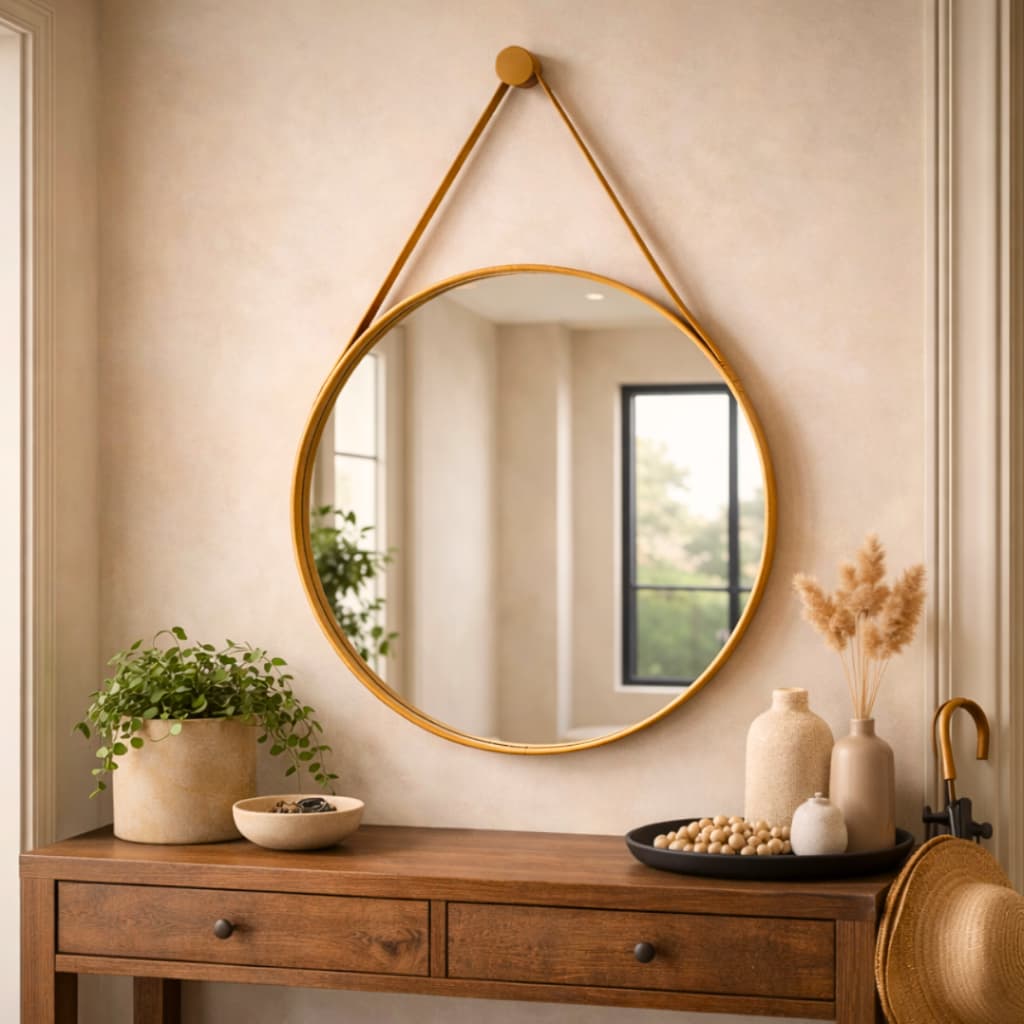 Espelho Adnet Redondo 50cm Personalizado Elegante Couro Escandinavo Decorativo Suporte Versátil