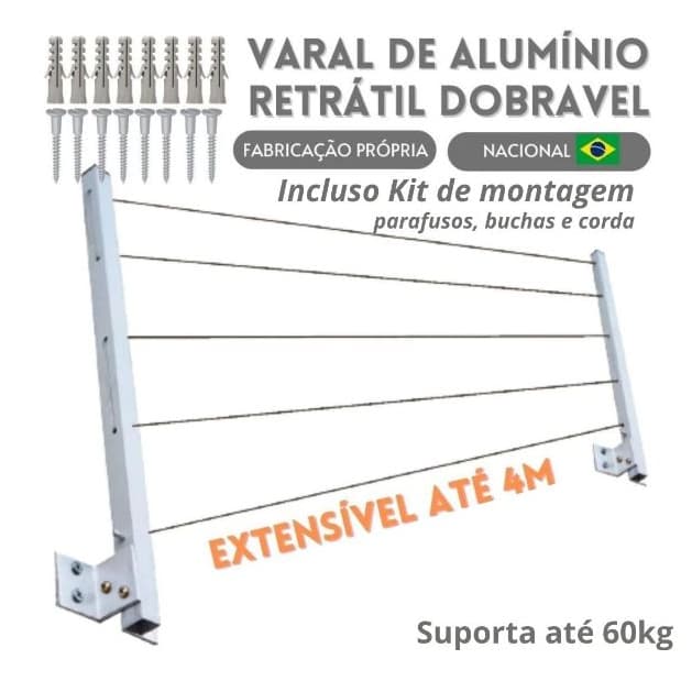 Varal de Alumínio Retrátil Reforçado 5 Cordas Parede Suporta até 60kg Envio Imediato