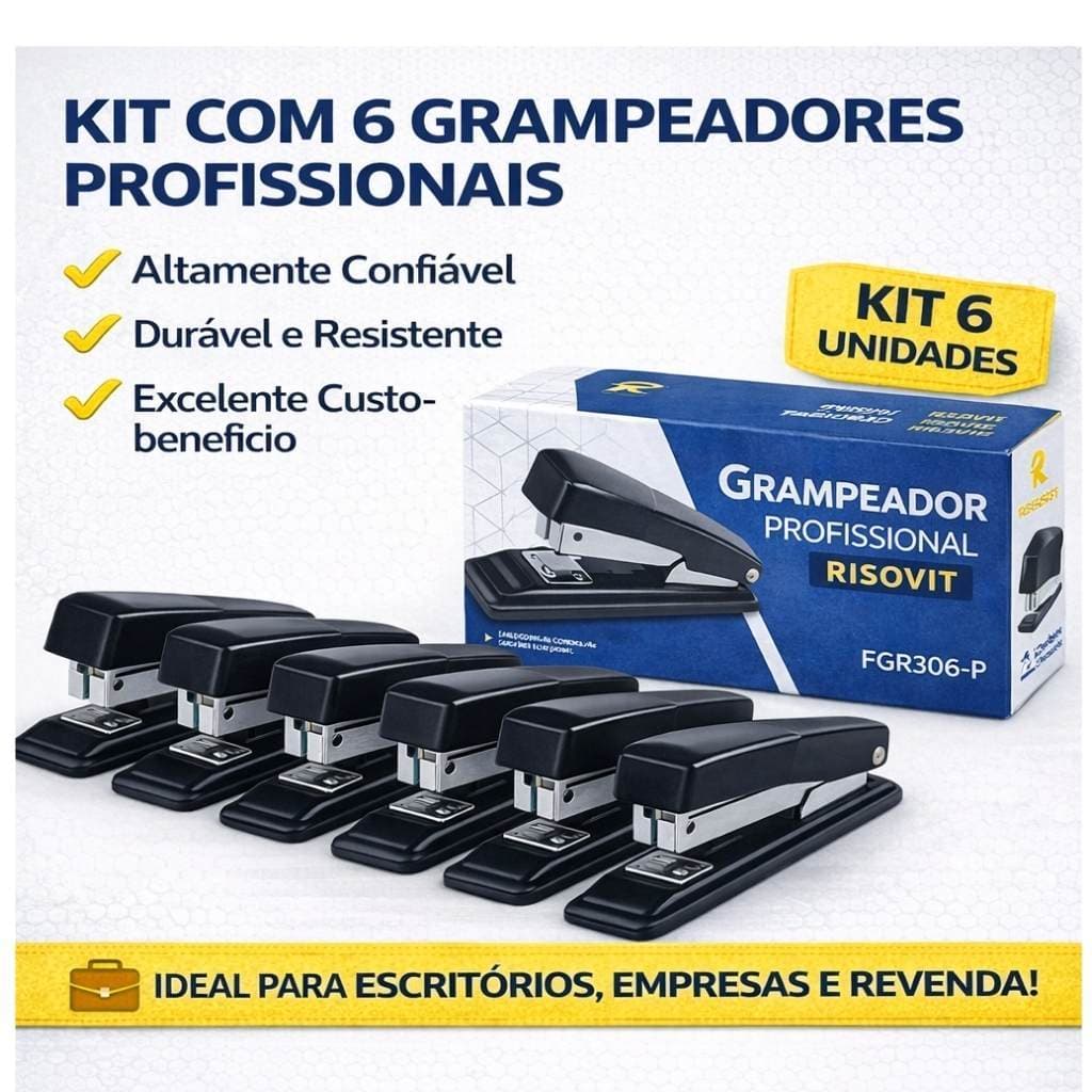 Kit e Conjunto Com 6 Grampeador  Metal Profissional  Escolar e Escritório Reforçado 25 Folhas 26/6 e 24/6