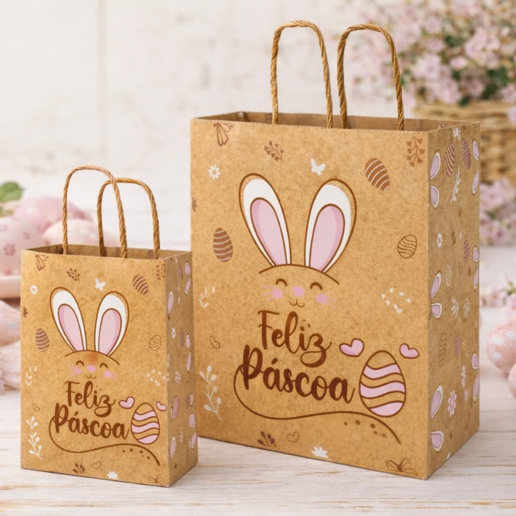 Kit 10 e 20 unidades Sacola de Páscoa em Kraft para Ovos de Páscoa e bombons Tamanho P e G