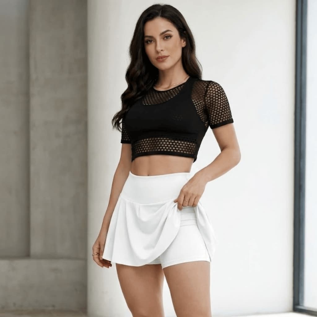 Shorts Saia Feminino com Short Interno Cintura Alta Moda Fitness Casual Confortável Elegante Rotina