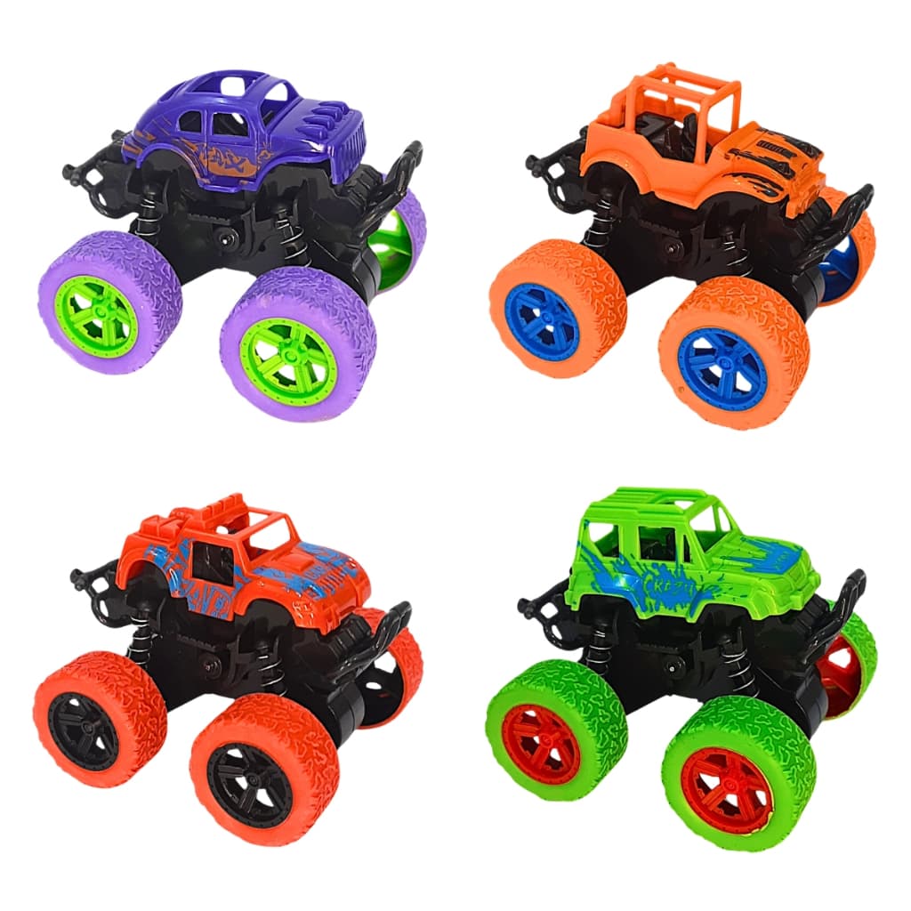 Kit 4 Carrinho Brinquedo Infantil Carro Bate Volta Monster Truck 4x4 Cambalhota 360 Colorido Atacado