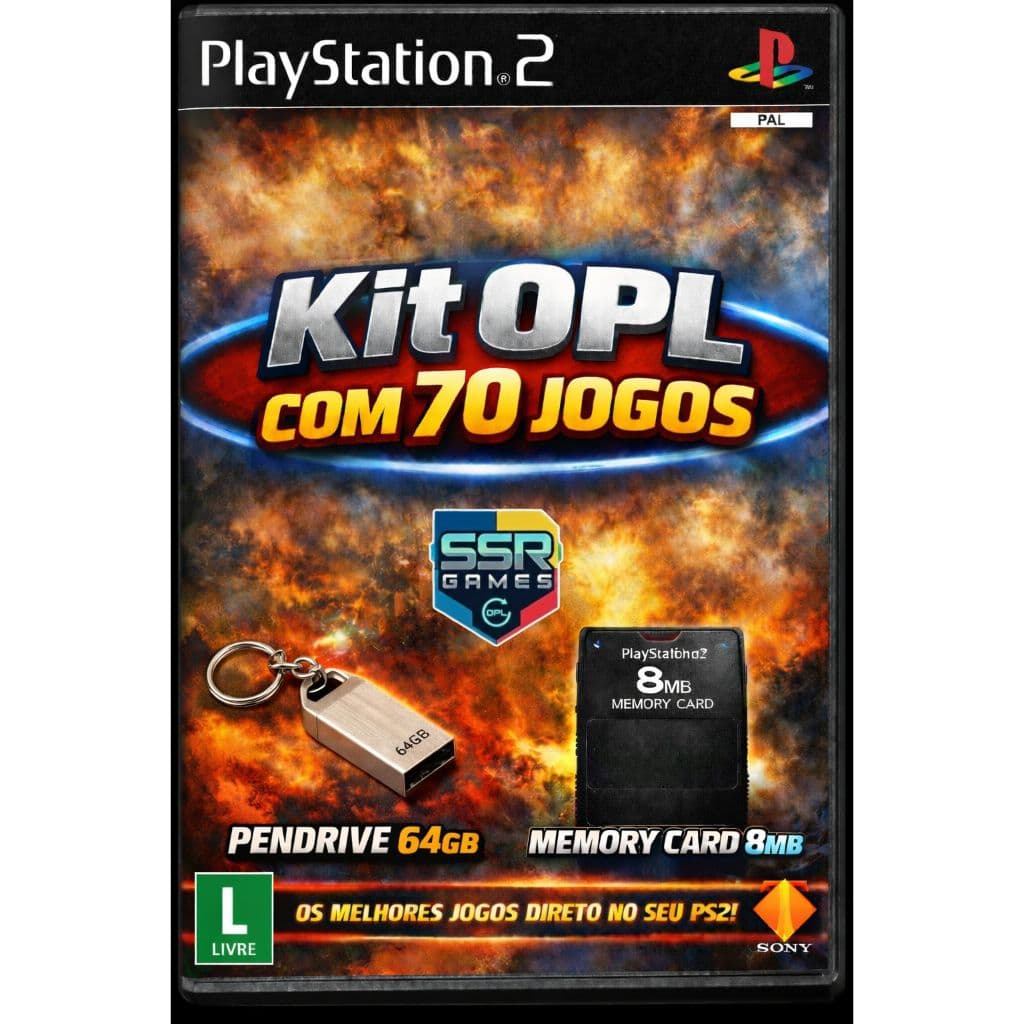 Opl PS2 70 Jogos Pendrive 64GB + Memory Card 8MB