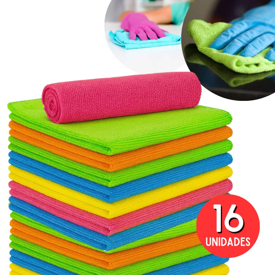 Kit 4/8/16 Pano Microfibra Flanela Alta Absorção Multiuso Limpeza Pia Vidro Automotivo 30X30 Sortido