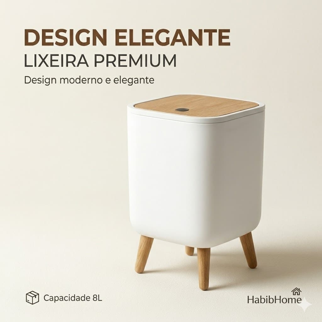 Lixeira Premium 8L Design Moderno com Tampa Amadeirada para Banheiro Quarto Escritório Cozinha