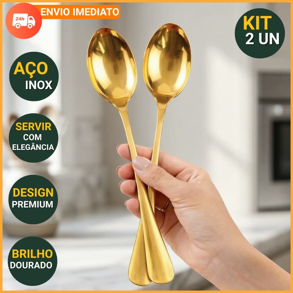 Kit 2 Colheres De Arroz Multiuso Grande Dourada Positano Grande 26cm - Lyor