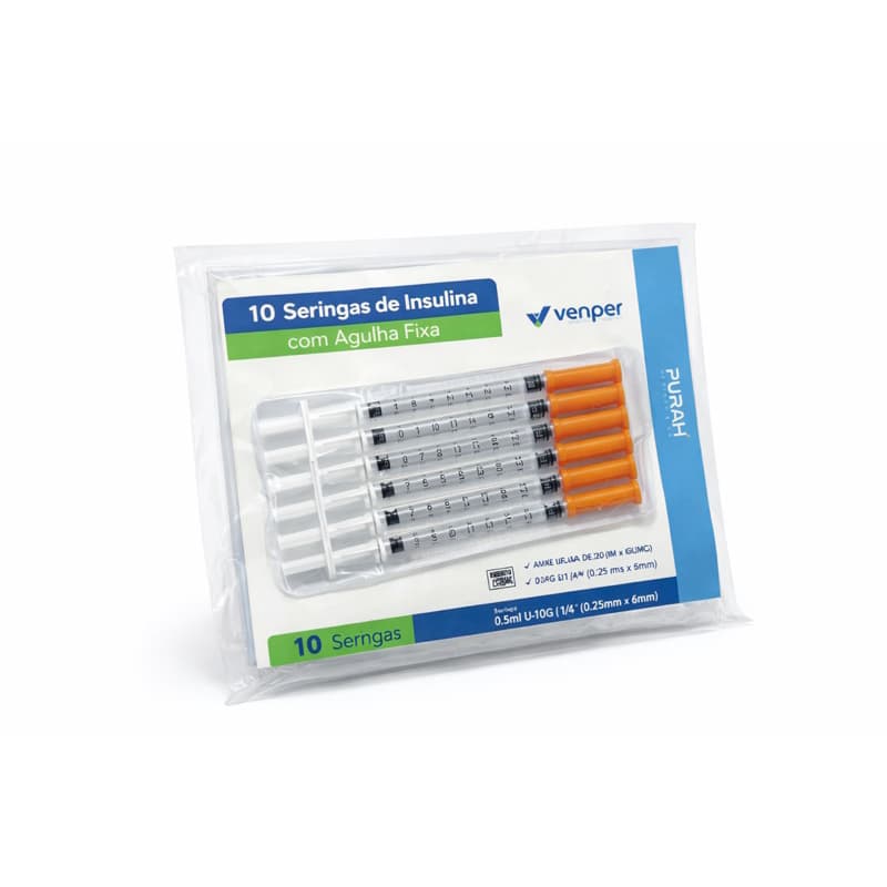 Seringa de Insulina 0,5ml (50 ui) com Agulha Ultrafina 6x0,25mm pacote com 10 ou 20 uni