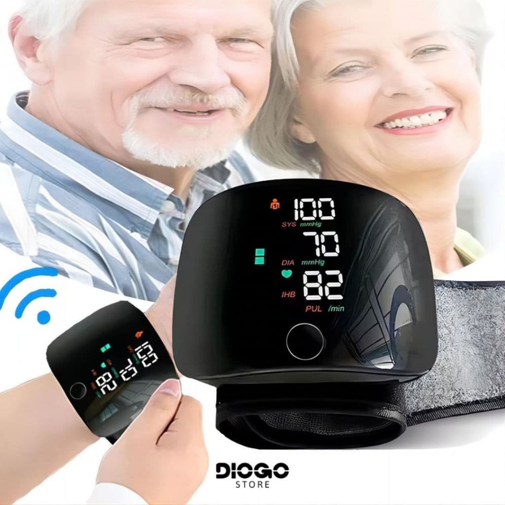 Medidor de Pressão Digital de Pulso Recarregável com Voz, LED Grande, Monitor Cardíaco e Memória 99 Registros