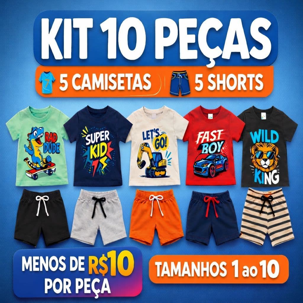 Kit 10 peças masculino verão infantil - Tamanhos 1 2 3 4 6 8 10