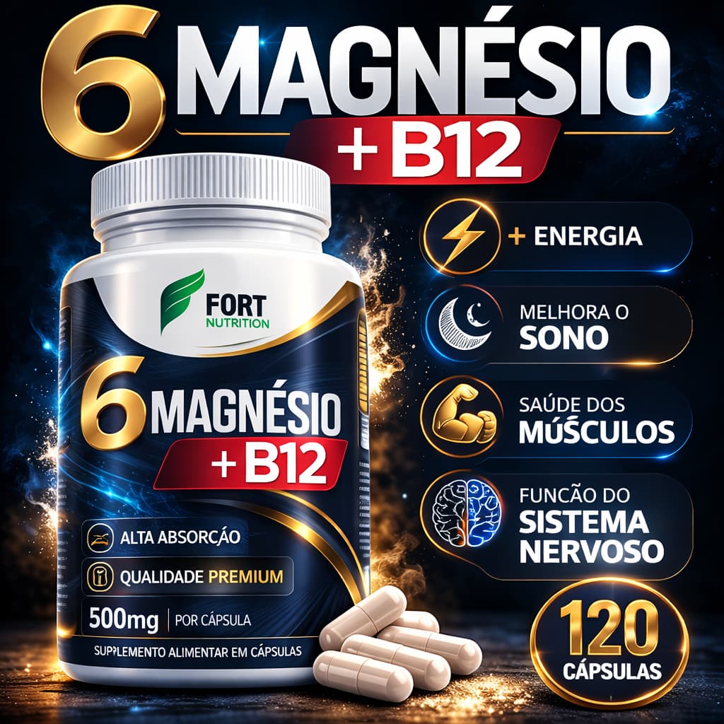 6 Magnésios + B12 500mg 120 Cápsulas | Alta Absorção | Energia, Sono e Sistema Nervoso | Original