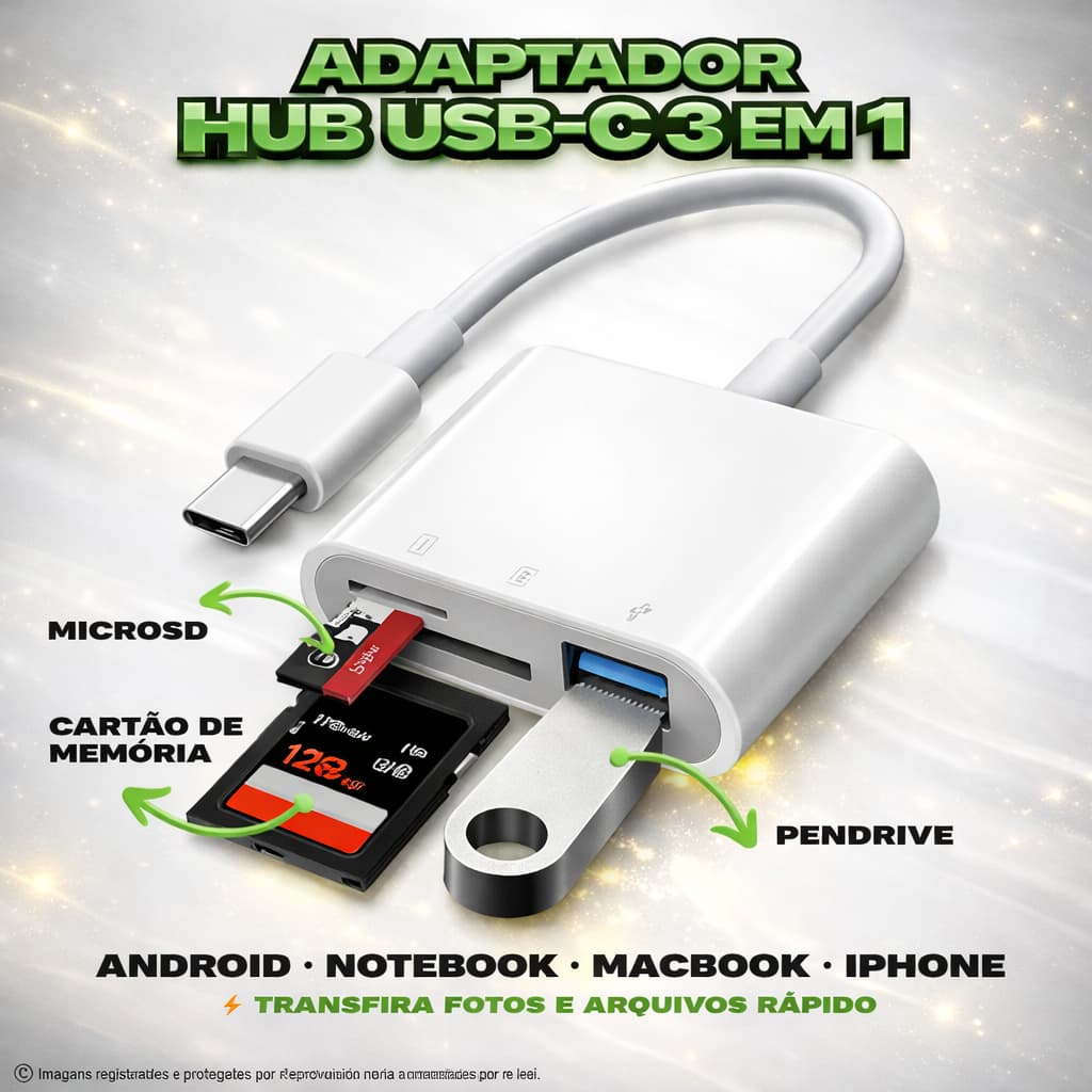 Adaptador leitor cartão de memória 3 em 1, SD, MicroSD e USB Tipo C, TF, OTG, conversor para Celulares, Tablets