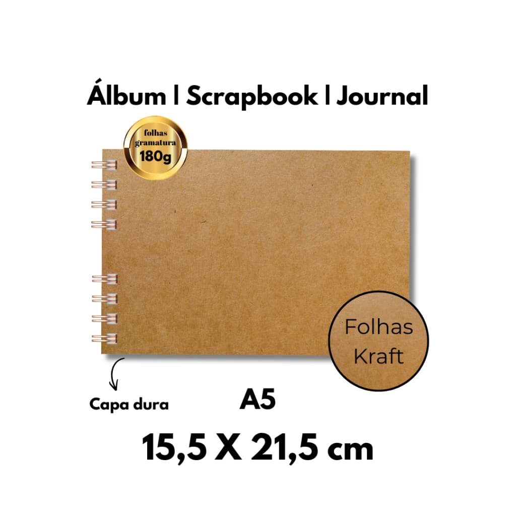 Álbum Scrapbook Sketchbook Journal A5 capa Kraft médio 21,5 x 15,5cm