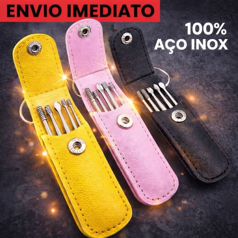 Kit de Limpeza de Ouvido Cotonete Removedor de Cera 6 peças Aço Inox com Estojo