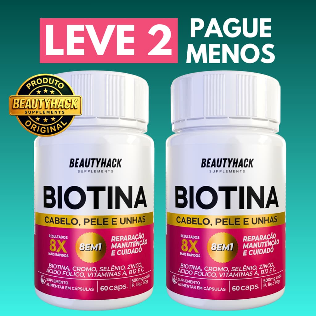 Kit 2x Biotina + Ativos 8 em 1 - Crescimento de Cabelo, Unhas e Pele - 120 cápsulas - Envio Imediato