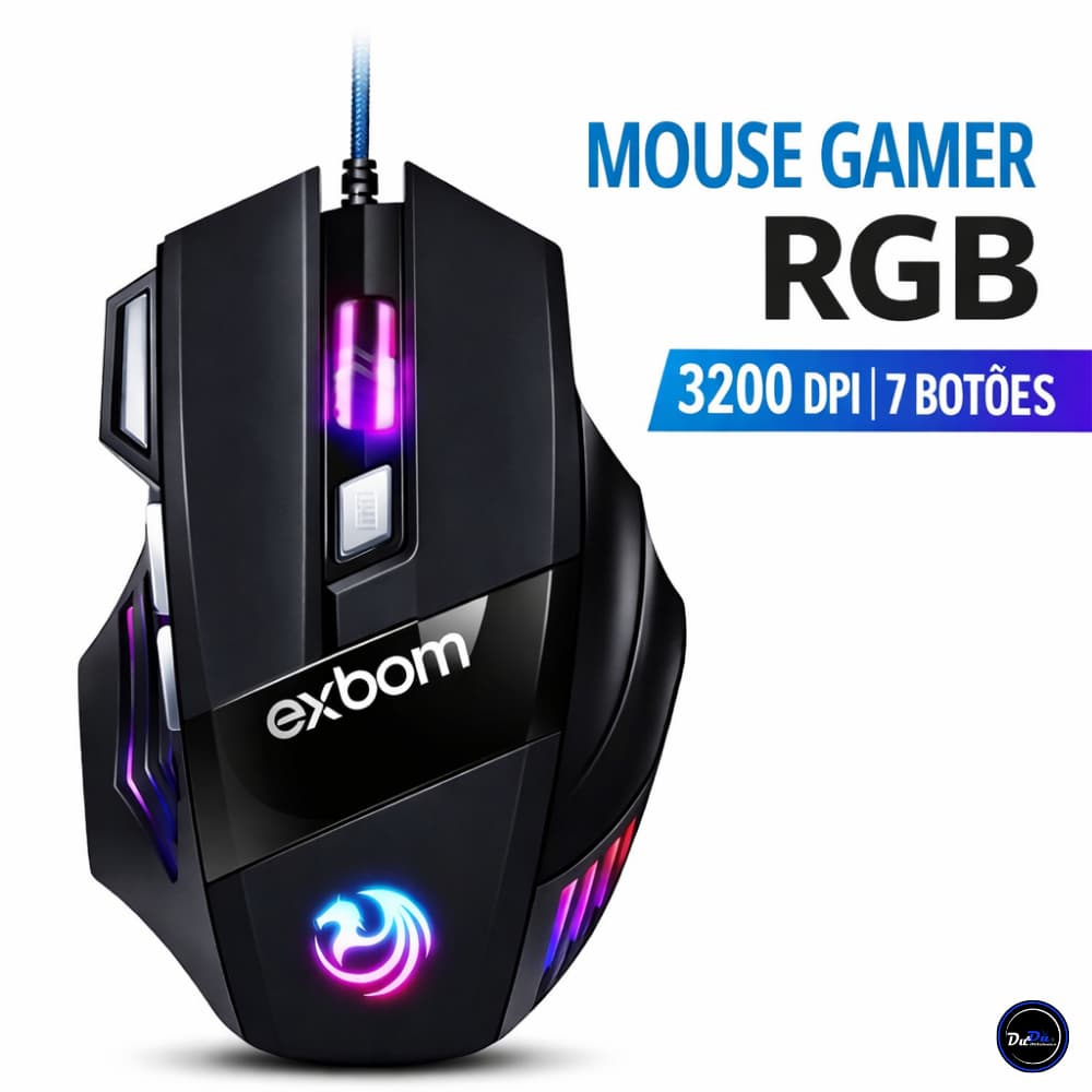 Mouse Gamer RGB 3200 DPI 7 Botões Cabo USB PC Notebook Jogo Exbom MS-G260