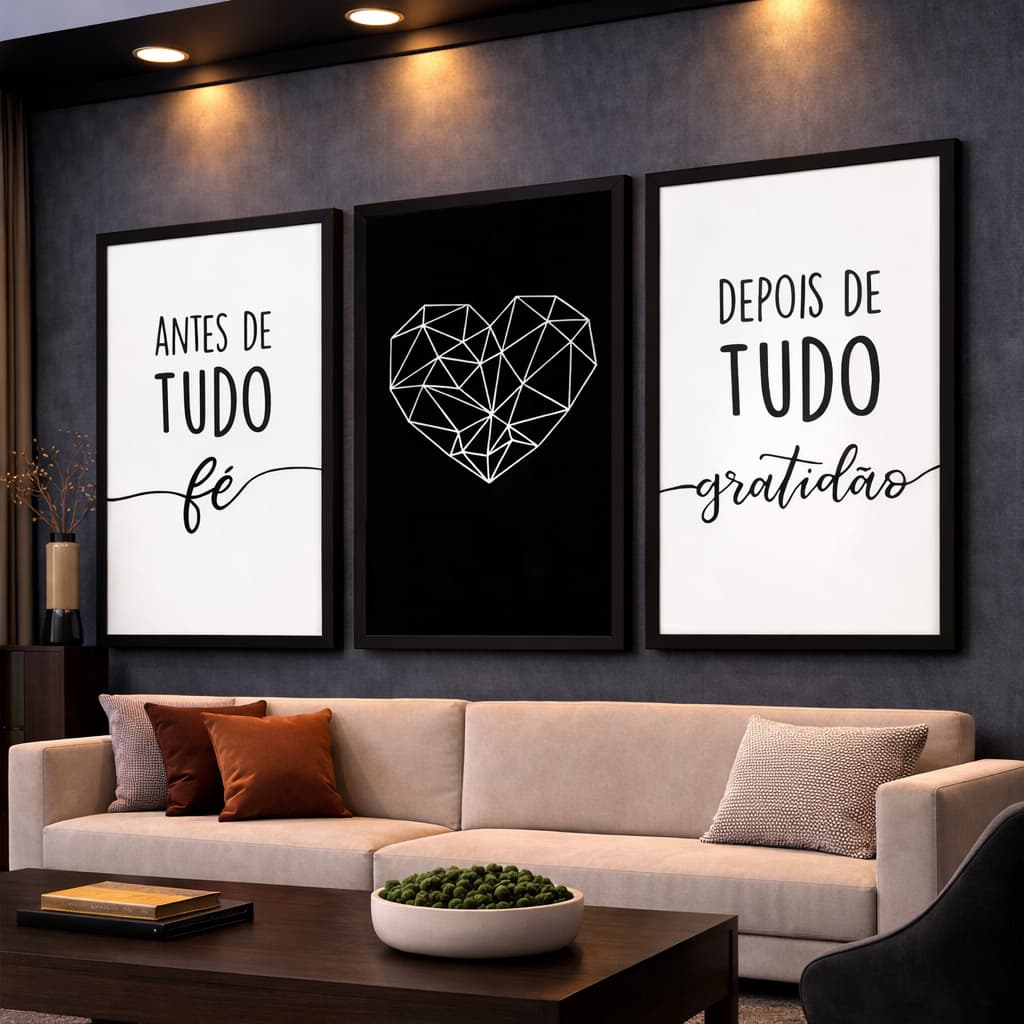 Kit 3 Quadros Decorativos Antes de Tudo Fé Flor Minimalista Abstrato Mosaico Sala Quarto Escritório