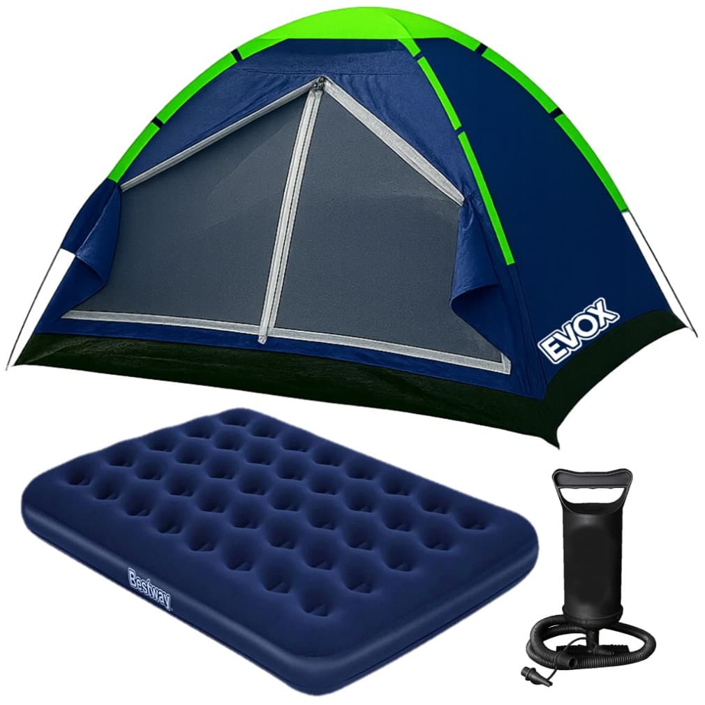 Kit Barraca Camping 4 Pessoas Porta Dupla com Colchão Inflável Casal Resistente + Bomba de Ar