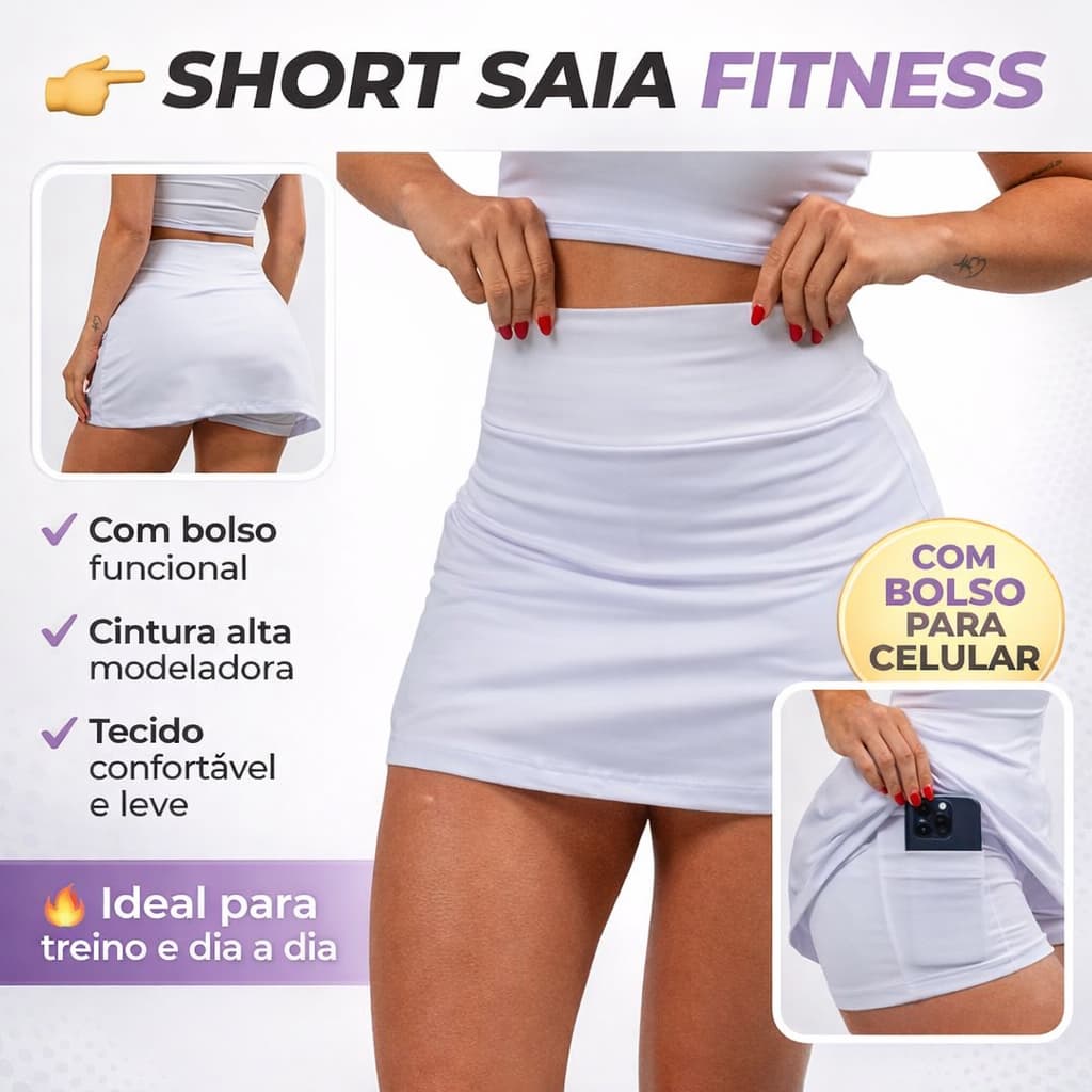 Short Saia Academia Com 2 Bolso Oculto pra Celular/bolinha Sport Tapa Bumbum Fitness c/ ProteçãoUV