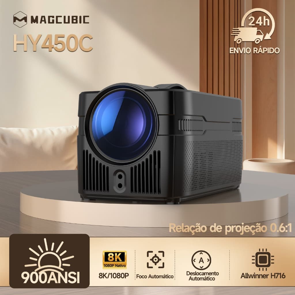 Projetor Magcubic HY450C Foco Automático 900 ANSI Nativo 1080P Full HD Smart TV WiFi 6 Controle de Voz BT Bivolt