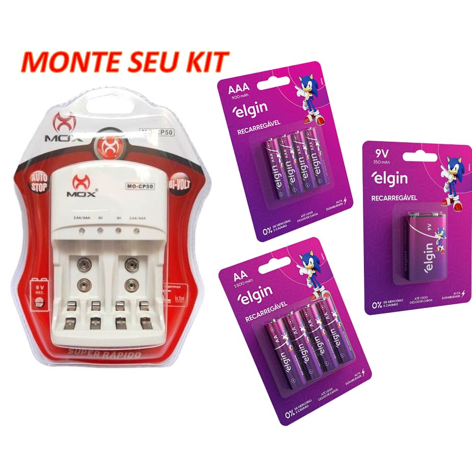 CARREGADOR DE PILHAS MOX COM OU SEM PILHAS AA AAA 9V Elgin