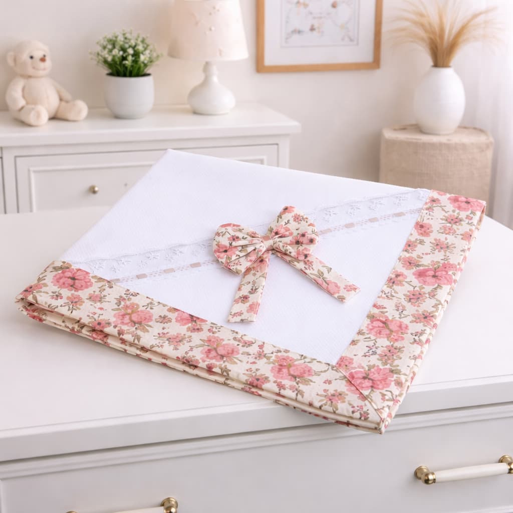 Manta de Bebe Piquet Estampada com Laço Para Carrinho Berço e Passeio 100% Algodão